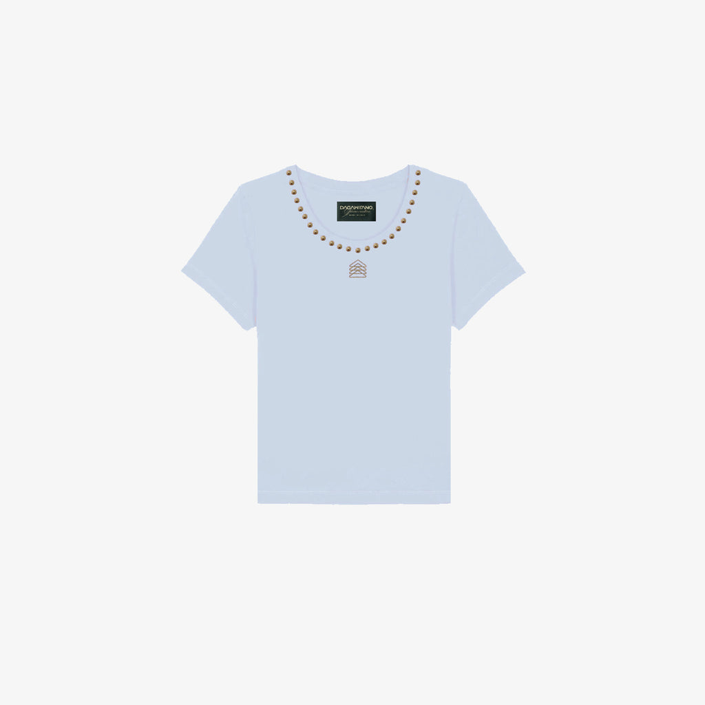 AURELIA - T-Shirt celeste con borchie oro satinato