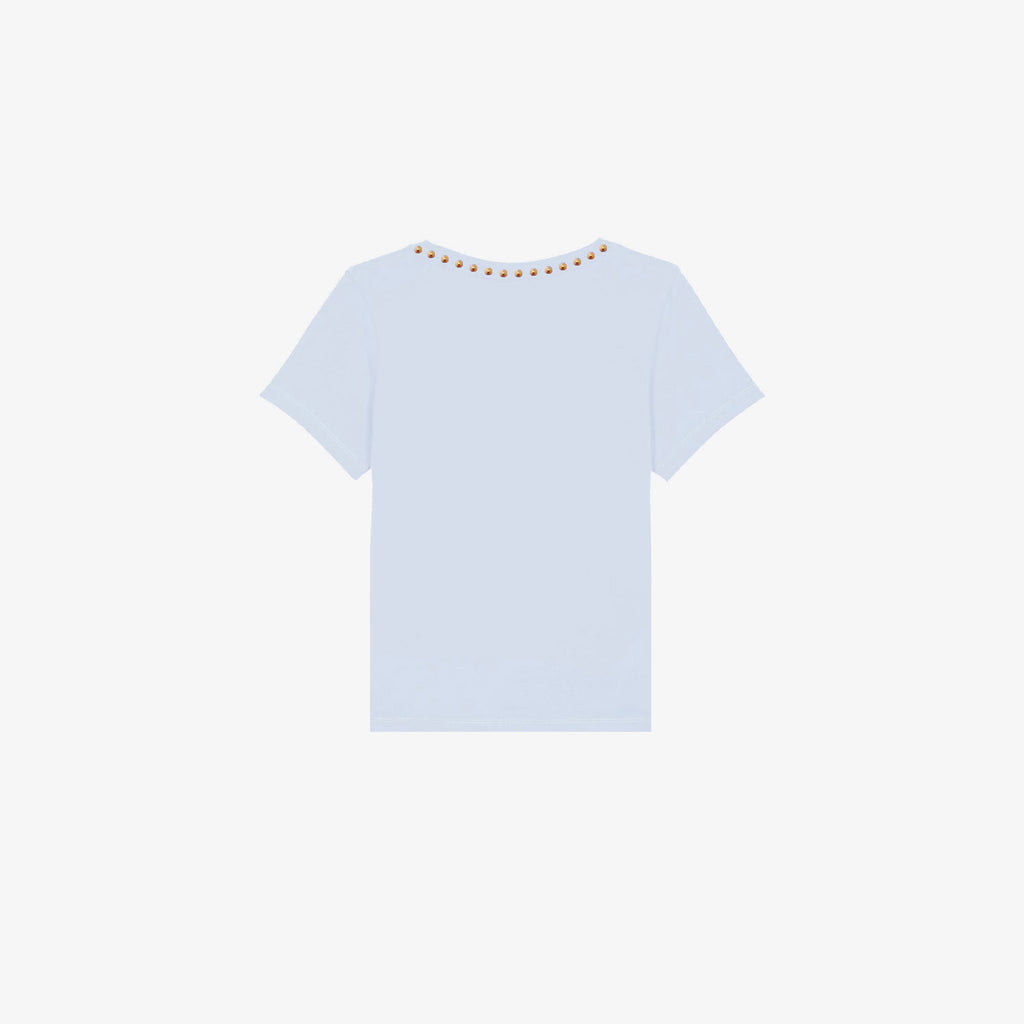 AURELIA - T-Shirt celeste con borchie oro satinato