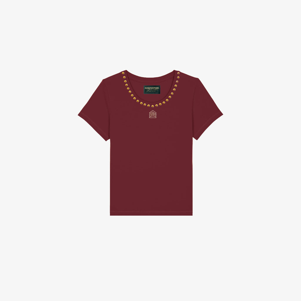 AURELIA - T-Shirt bordeaux con borchie oro satinato