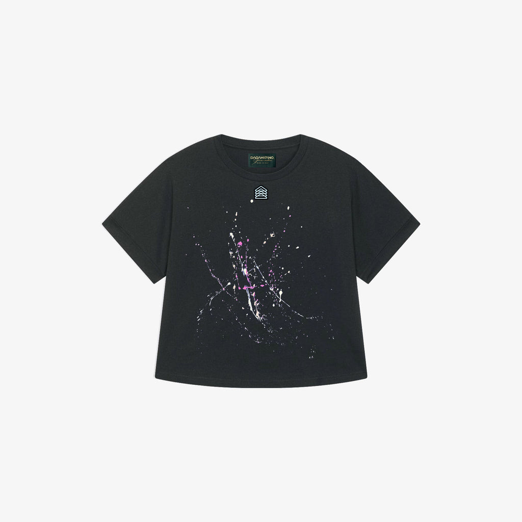 DAFNE - T-shirt crop nera dipinta a mano