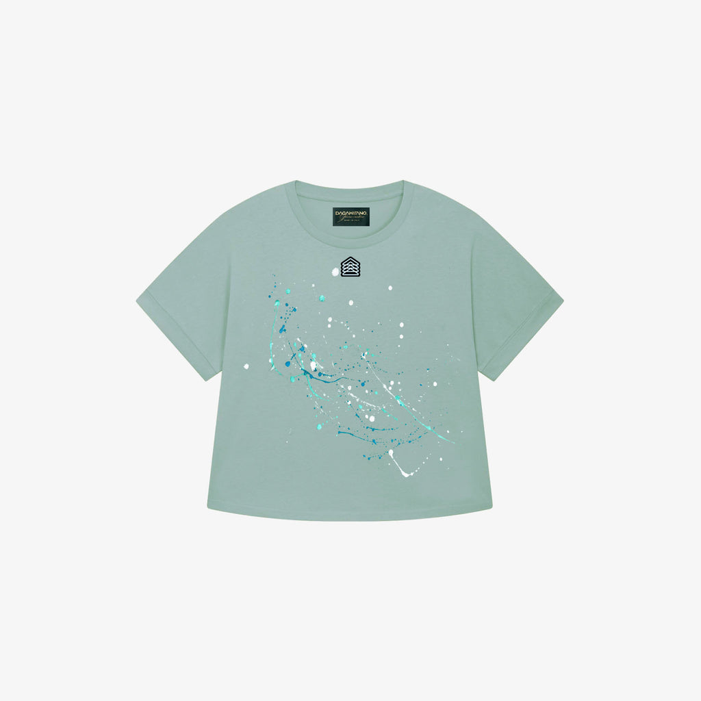 DAFNE - T-shirt crop aqua dipinta a mano